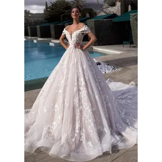 BSYPM Hochtailliertes Brautkleid V-Ausschnitt Dimensionales Blümchen Helles Hochzeitskleid Kurze Ärmel Riemchen Quaste Einfaches Haupt Brautkleid