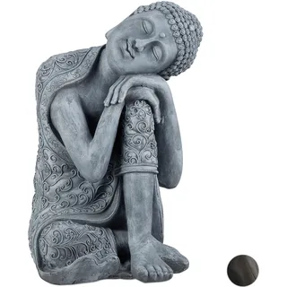Relaxdays Buddha Figur geneigter Kopf XL 60cm, Asia Deko, Gartenfigur, Dekofigur Wohnzimmer, frost- & wetterfest, grau