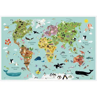 Weltkarte Kinder Poster XXL Kinderweltkarte Plakate Kinderzimmer Weltkarten Kind Lernposter Illustration Kinderweltkarten Tiere Kinderposter Landkarte Print