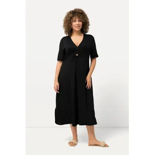 Ulla Popken Midikleid Jersey-Midikleid A-Linie V-Ausschnitt Halbarm schwarz 50/52