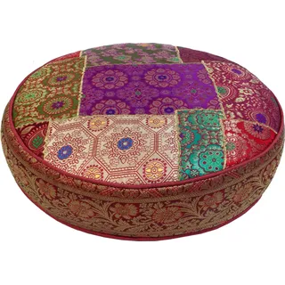 GURU SHOP Orientalisches Rundes Patchwork Kissen 50 cm, Sitzkissen, Bodenkissen mit Baumwollfüllung - Rot/bunt