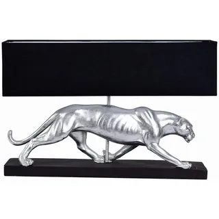 Tischlampe PANTHER Silber Schwarz 60 cm Art Deco Leuchte E27 Tierfigur Panther Skulptur Designlampe Stoffschirm Statement Lichtobjekt Wohnzimmer Konsole Sideboard Fensterbank modern Glamour