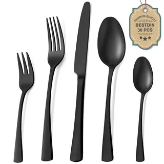 Bestdin Besteck Set 6 Personen, 30 teilig Edelstahl Besteckset Schwarz Matt, Essbesteck Set mit Messer Gabel Löffel, Hochwertiges Edelstahlbesteck, Spülmaschinenfest