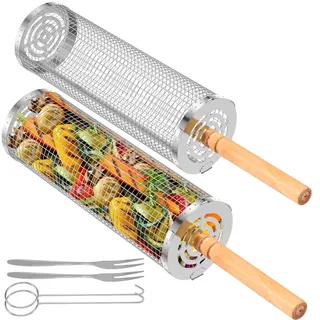 2 Stück Nestendes Rollendes Grillkörbe mit Holzgriff,Rollgrillkorb aus 304 Edelstahl Tragbares Grillnetzrohr für Außengrill,Rundes Rollgrillkorb für Grillen,Kochen und Camping,Spülmaschinenfest