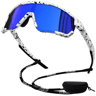 KANASTAL Schnelle Brille Rave Herren Damen Fahrradbrille Polarisierte Sportbrille UV400 Schutz Sportsonnenbrillen Radsportbrille für Fahrrad Ebike Laufen, Matt Weiß Leopard Rahmen Blau Gläser - Einheitsgröße