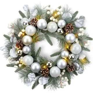 YULETIME Weihnachtskranz, 50,8 cm, Kugeln, Beeren, Tannenzapfen, Blätter, bereifte Fichtenzweige und Tannennadeln (Silber)