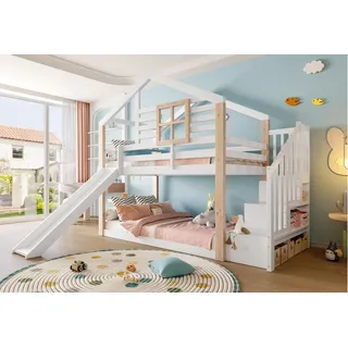 LVHOM Kinderbett Spiel-Spitze Etage mit Rutsche und Treppe, Rundum-Geländer, Holzrahmen (Massivholz Komplettset, Liegefläche: 2 mal 90x200cm, 2-stöckiges Hausbett(Dach-Design), Hochbett/Etagenbett mit integrierter Rutsche, stabiler Treppe mit Staufächern, Tragkraft: 130kg/Etage. Platzsparend, skandinavisch, stabil/sicher für Geschwister, Kindergartenkinder, Gästeübernachtungen), Kombinierter Schlaf-, Spiel- und Ordnungsbereich. Bietet für 2 Kinder weiß