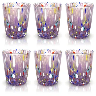 MAZZEGA ART & DESIGN - 6 Goto Tumbler Gläser aus Glas, mundgeblasen und handgearbeitet mit Murano-Murrine - Die Farben von Murano - Wasserglas Tumbler Colombina 350 ml. Made in Italy (6, Violett)