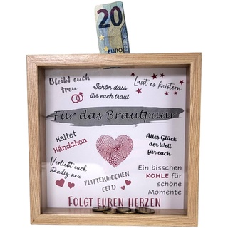 BUSDUGA 4452 Sparkasse Bilderrahmen FÜR DAS BRAUTPAAR, 20x20x5cm, Spardose Geldgeschenk Hochzeit Flitterwochenkasse (holzoptik/grau)