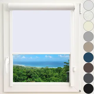 Kassettenrollo Thermorollo Verdunkelungsrollo Fenster Rollo mit Kassette und Führungsschienen zentimetergenaue Maßanfertigung Montage zum Kleben ohne Bohren Silberne Beschichtung Farbe Weiß