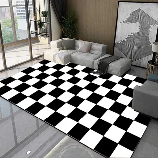 GJXY Teppich Wohnzimmer schwarz Weiss kariert,Modern Geometrisch waschbarer teppiche mit Anti-rutsch,Teppich Kurzflor für bettumrandung,terrasse,küche Schlafzimmer