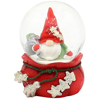 Schneekugel Weihnachtswichtel mit Geschenkesack auf rotem Sockel mit Sternen, L/B/H/Ø Kugel 4,8 x 4,5 x 6,5 cm Ø 4,5 cm
