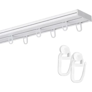 Fenster DEKOR Gardinenschiene 2-läufig – PVC Vorhangschiene zur Deckenmontage, Deckenschiene für Vorhänge, Weiß, mit Haken mit Rolle, 350 cm