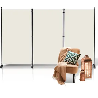 Ikodm Paravent Outdoor,Raumteiler auf Rollen 3-teilig 263×181 cm, Wetterfester Paravent für Outdoor & Büro,Garten Balkon Terrasse - Beige