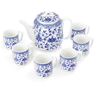 fanquare Blaues und Weißes Porzellan Teeservice - Teekanne Mit Infusor, 6 Tassen - Chinesisches Set für Erwachsene Geschenke