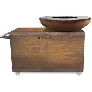 BonFeu BonBiza Island XL Corten – Luxus Mobile Außenküche mit Feuerschale Ø100cm & Plancha – Inkl. Grillrost, Schneidebrett und Holzfach – Hochwertiger Cortenstahl – 170x100x110 cm
