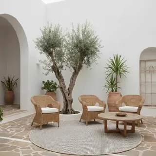 Tadi & Imperio1979 Runder Teppich für drinnen und draußen, glatt, ohne Flor, Beige, Durchmesser 150 cm, Kunstfaser für Wohnzimmer und Terrasse
