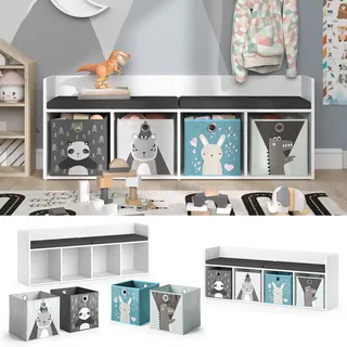 Vicco Sitzbank Kinderzimmerbank Kinderregal Luigi Weiß 142x53 cm modern Faltbox Kinderzimmer Regal Aufbewahrungsregal Bücherregal Lesebank Spielzeugaufbewahrung Organizer Regal-Bank-Kombi 4 Fächer