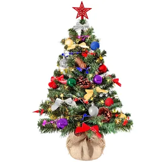 Weihnachtsbaum künstlich (WBD) 60 cm grün mit Weihnachtsdeko bunt und Led Lichterkette mit Batteriebox und Fernbedienung künstlicher Christbaum klein Tannenbaum