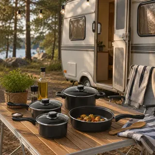 Mojawo Camping Kochtopfset 7-teilig Leichtes Aluminium Topfset für Gasherde