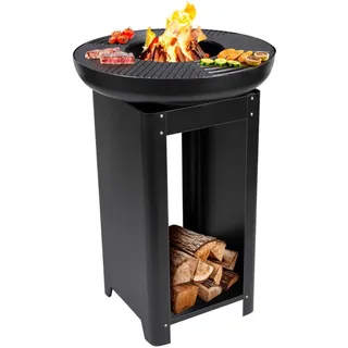 BBQ Collection 3-in-1 Feuerschale mit Grillrost - Feuerkorb 61 x 90 cm - Outdoor Küche mit Teppanyaki und BBQ Grillplatte - Plancha BBQ mit Holzlagerplatz - Gartenkamin für Außen - Metall