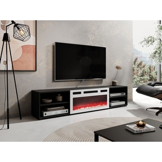 MIRJAN24 TV-Schrank Polo 180 (mit Elektrische Kamin) Realistische LED-Flamme, Gehärtetes Glas, 180x33x39 cm schwarz|weiß