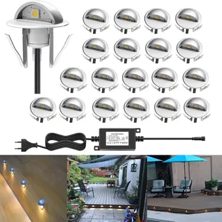 CHNXU Treppenbeleuchtung 20er Set LED Bodeneinbaustrahler IP65 Wasserdicht Außen Terrassen Einbaustrahler Ø35mm Bodenlampe für Garten Holzbrücke Pool Holzdeck, Warmes Weiß