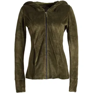 Vishes - Alternative Bekleidung - Samtjacke mit extra großer Geraffter Cape Kapuze, Daumenlöchern und Reißverschluss Olive 44 - 44