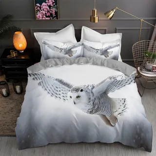 BettwäSche 155x220 Schnee-Eule Bettbezug Set 3 Teilig Fliegende Vögel Flauschig BettbezüGe und 2 Kissenbezug 80x80, Allergiker BettwäSche-Sets Weiche Microfaser mit ReißVerschluss