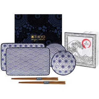 TOKYO Design Studio Nippon Blue Sushi-Set blau-weiß, 6-tlg., 2x Sushi-Platten 2x Saucen-Schalen, 2x Essstäbchen, asiatisches Porzellan, japanisches Design, inkl. Geschenk-Verpackung