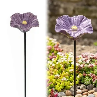Vogeltränke Blume aus Keramik,2026 Mini Blumen Gartenstecker Bienentränke, Insektentränke Garten,Bienenblüten Keramik Tränke,Blumenform Fütterungsschale,für Wildvögel Frostfest,Garten,Hinterhof-Lila