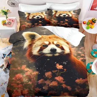 Fadaing Roter Panda Bettwäsche 135x200 Kinder Waldtiere Bettbezug Set, Cartoon Roter Panda Weiche Mikrofaser Bettwäsche Set Mit Reißverschluss Und 2 Kissenbezügen (6,Single 135 X 200 cm)
