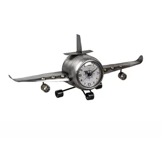 Formano Metall Standuhr Flugzeug 40 x 17 cm 3D Metall Uhr Silber XL Dekoration | Wohnzimmer Vintage Flugzeug-Deko |Quarzuhrwerk Handgefertigt Clock Groß