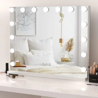 Dripex Hollywood Schminktischspiegel, Schminkspiegel mit 15 Lampen und 3 Farbtemperatur Licht, Kosmetikspiegel mit Touch Steuerung, 58 x 45 cm Weiß, Aufstellung oder Wandmontage