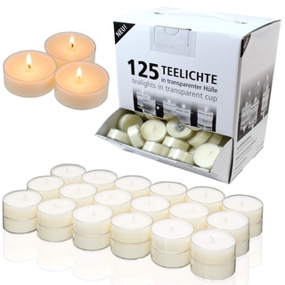 Candelo 125er Set Vorratspackung Kerzen - Hochwertige Weiße Teelichter in Kunststoff Hülle ohne Duft - Spender Box -
