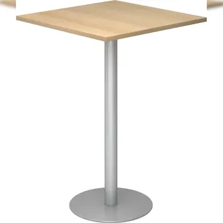 bümö Stehtisch Büro, Bistrotisch eckig 80 x 80 cm - Bartisch Eiche, Stehtisch Holz-Platte, Säule aus Metall in silber, Buffettisch, Säulentisch,