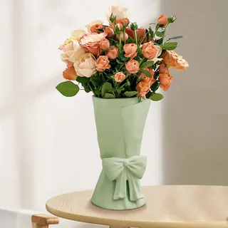 Relexome Keramik Vase mit Schleife, 24,5 cm Grün Modern Boho Vase, dekorative Aesthetic Blumenvase für Blumenstrauß, Pampasgras, für Wohnzimmer, Schlafzimmer, Tischdekoration, Home Deko