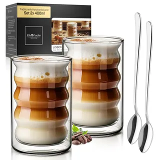 ElbFuchs® Latte Macchiato Bubble-Gläser Set [2×400 ml] Doppelwandige Thermogläser, kristallklar mit Löffeln | Cappuccino-Gläser, Kaffeegläser & Teegläser