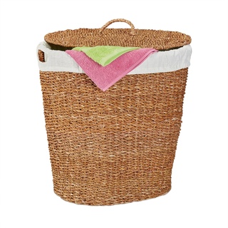 Relaxdays Wäschekorb mit Deckel, aus Seegras, Baumwoll-Wäschesack 50L, HBT: 50 x 50 x 40 cm, Wäschebehälter, Natur/beige