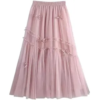 KUUFUUT Damen Tüllrock mit Schleifenverzierung Süßer Elastischer Bund Tüll Mehrlagiger Rüschenrock Aus Netzstoff Midi Stufenrock Geeignet für Heimkehr Hochzeit Abendparty Rosa M - M