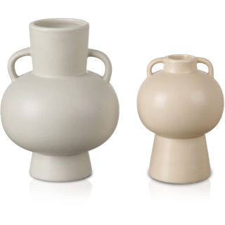 TERESA'S COLLECTIONS Vase für Pampasgras, Kleine Vasen für Tischdeko, 2er Moderne Grau Vasen Set für Zuhause, Vase mit Griff für Wohnzimmer, Regal, 18 cm