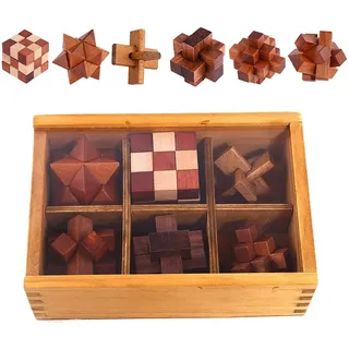 Holzsammlung 6 Stück Knobelspiele Holz, Geschicklichkeitsspiel Holz, Logikspiele IQ Spiele Geduldspiel Knobelspiele, 3D Mini Puzzle Denkspiele Spielzeug Geschenk Set für Erwachsene & Kinder, 4.5cm