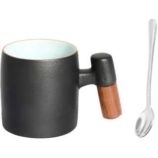 Espressotassen Schwarz und Espressobecher Set aus Keramik, 70ml mit Holzgriff, schwarze Tasse mit hellblauem Innenbereich, inklusive Edelstahl-Löffel für Kaffee, Latte und Tee