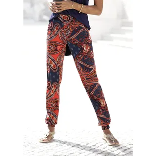 Strandhose LASCANA "aus locker-leichtem Material mit Ethnodruck", Damen, Gr. 36, N-Gr, blau (marine, rot), Jersey, Obermaterial: 100% Viskose, bedruckt, figurumspielend lang, Hosen Strandhose, mit Paisleyprint, leichte Jerseyhose, Sommerhose, Schlupfhose