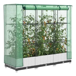 vidaXL Hochbeet mit Gewächshaus-Aufsatz Rattan-Optik Weiß 120 x 123 x 40 cm
