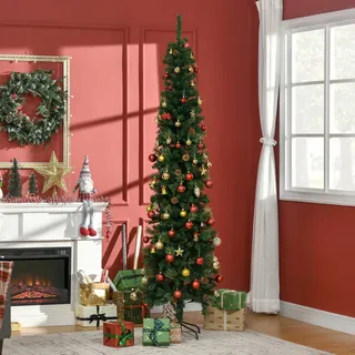 Weihnachtsbaum 225 Cm Mit 706 Zweigen, Schmaler, Stiftförmiger Weihnachtsbaum Mit 56 Tannenzapfen, Faltbarer Ständer, Grün