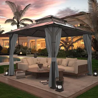 Amopatio Gartenpavillon 3x3 m Wasserdicht Stabil Winterfest, Pavillon mit Polycarbonat - Doppeldach, Hardtop Pavillon mit Seitenteile für Garten, Terrassen, Grau