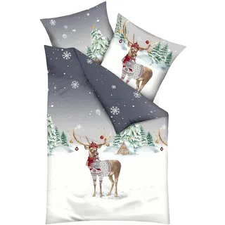 Traumschlaf Biber Weihnachtshirsch Grau 155 x 220 cm + 80 x 80 cm