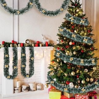 DriSubt 39,5 Fuß Weihnachts Lametta Girlande, glänzende Girlande, metallische Weihnachtsbaum Girlanden Dekorationen für Weihnachtshochzeits Geburtstags Party Innen (5pcs*2m + 60pcs Gold Fliege)