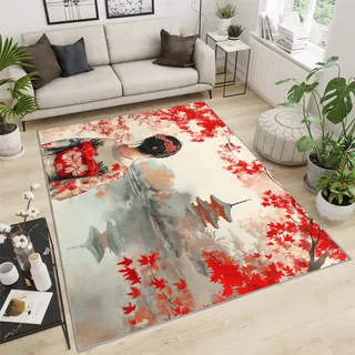 Japanische Teppiche für Schlafzimmer – Japanischer Geisha-Teppich, Herbst-Teppiche für Küche, waschbar, rutschfest, weich, Läufer, traditioneller Mädchen-Teppich und Heimdekoration, 60 x 180 cm